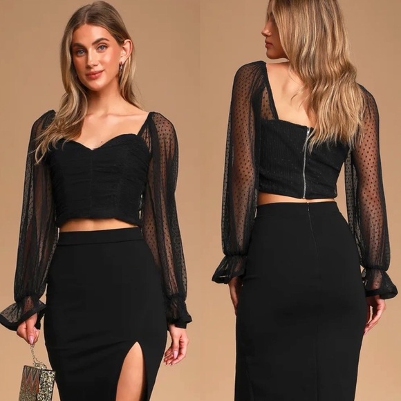 Lulus Tops - Lulus Especially For You Black Swiss Dot Ruched Sexy Long Sleeve Crop Top Size L